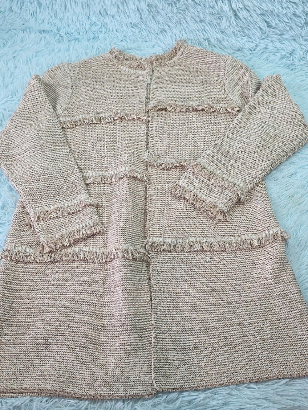 Chico’s Knit Duster Cardigan Jacket Beige Fringe Textured Sweater Coat